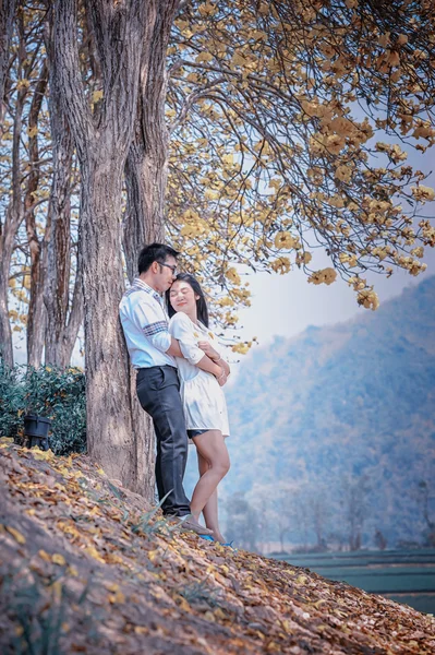 아시아 행복 한 커플 서 있는 나무 아래 — 스톡 사진
