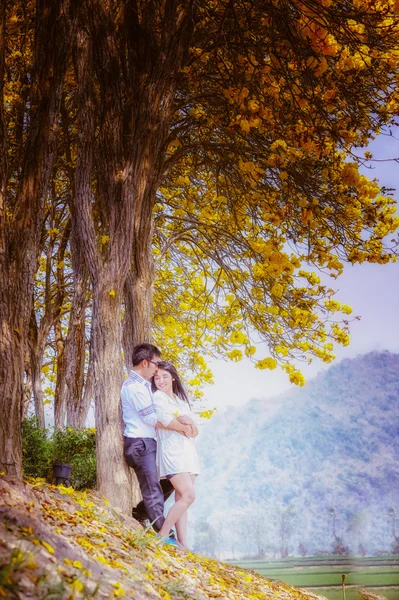 Ásia feliz casal de pé sob a árvore — Fotografia de Stock