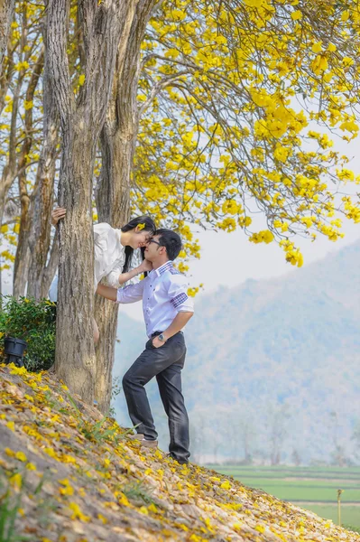 Asia feliz pareja de pie bajo el árbol — Foto de Stock