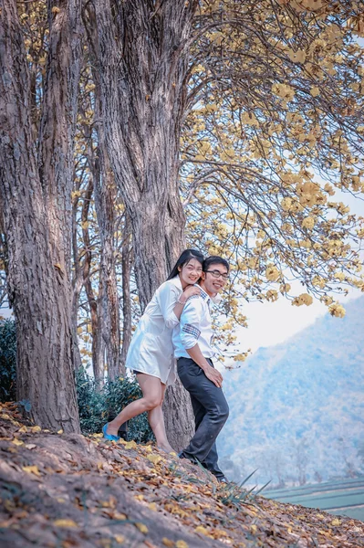 Ásia feliz casal de pé sob a árvore — Fotografia de Stock