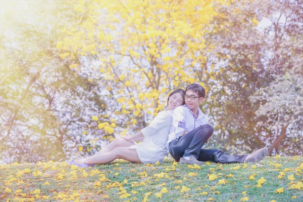 Asia bella giovane coppia back-to-back sotto l'albero — Foto Stock