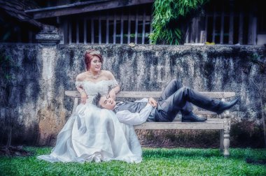 Asya genç şık moda çift doğa üzerinde poz.   