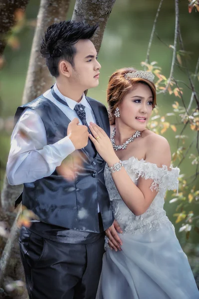 Asia joven elegante moda pareja posando en la naturaleza . — Foto de Stock