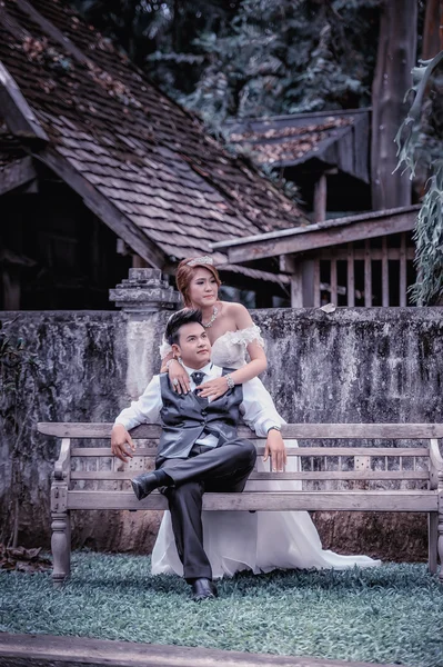 Ásia jovem elegante moda casal posando na natureza . — Fotografia de Stock