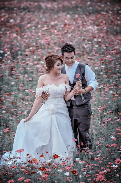 Ásia jovem elegante moda casal posando na natureza . — Fotografia de Stock