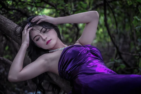 Азія Красива Дівчина Лежить Дереві Фіолетовій Сукні — стокове фото