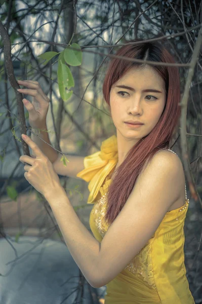 Asia Beautiful woman in yellow dress — Stock Photo, Image