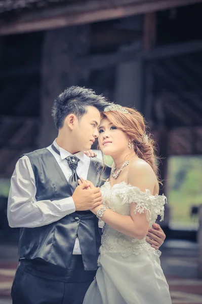 Ásia jovem elegante moda casal posando na natureza . — Fotografia de Stock