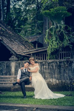 Asya genç şık moda çift doğa üzerinde poz.