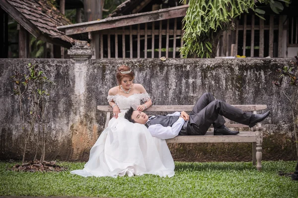 Ásia jovem elegante moda casal posando na natureza . — Fotografia de Stock