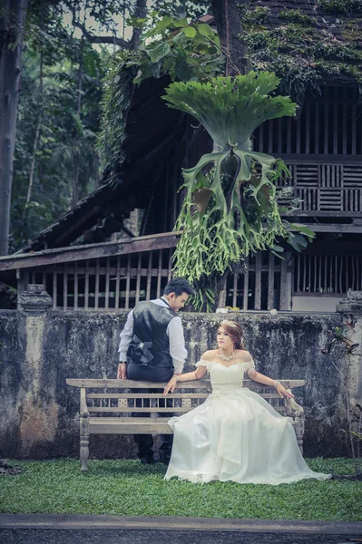 Asia joven elegante moda pareja posando en la naturaleza . — Foto de Stock