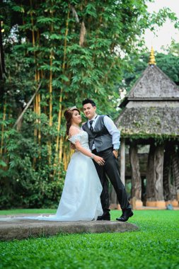 Asya Genç çift doğa üzerinde poz. 