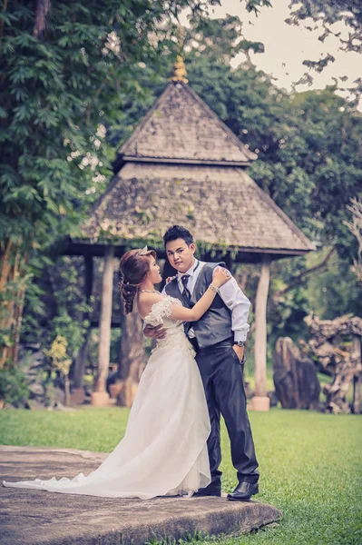 Ásia jovem elegante moda casal posando na natureza . — Fotografia de Stock