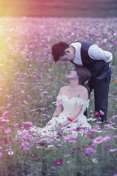 Ásia jovem elegante moda casal posando na natureza . — Fotografia de Stock