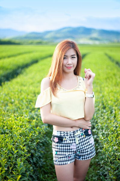 Smile Thai woman stand in tea plantation , Chiangrai Thailand 