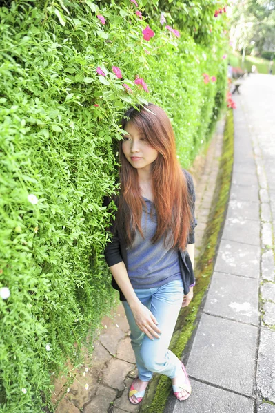 Portrait asia young woman happy and smile on doi tung garden, dh — Stockfoto