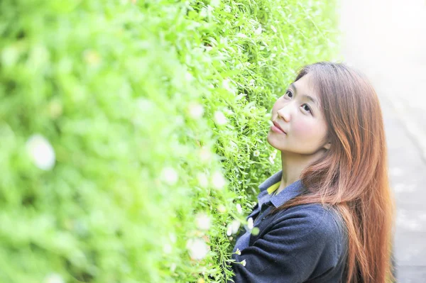 Portrait asia young woman happy and smile on doi tung garden, dh — Stockfoto