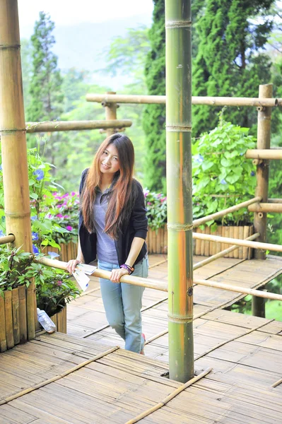 Portrait asia young woman happy and smile on doi tung garden, dh — Stockfoto