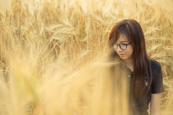 在大麦场美丽的眼镜女子肖像 — 图库照片