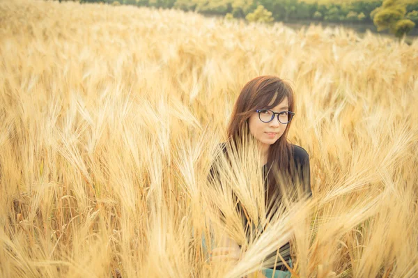 Портрет красивой женщины в очках в ячменном поле — стоковое фото