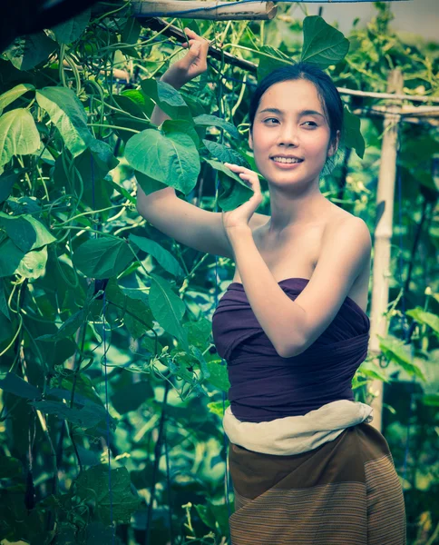 Asia gyönyörű nő és a betakarítás tartalmazó cukkini kosár — Stock Fotó