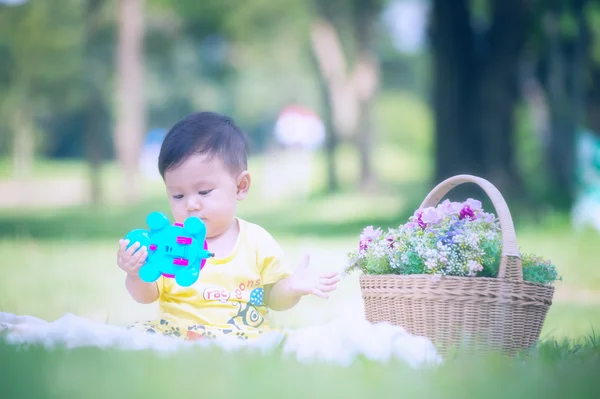 Asia Baby boy on green grass in the park — Stock Photo, Image