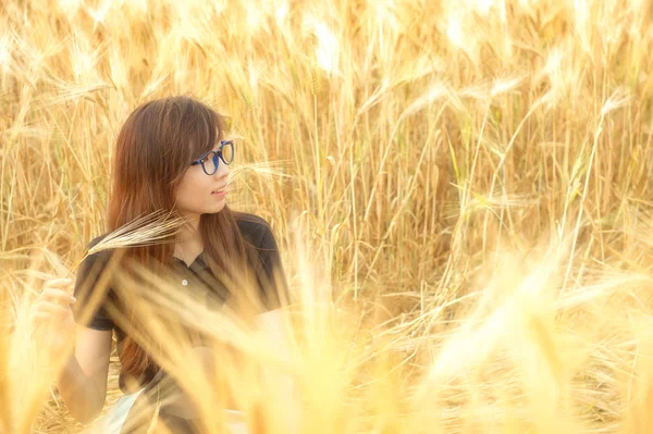 Portret kobiety piękne okulary w jęczmień fiel — Zdjęcie stockowe