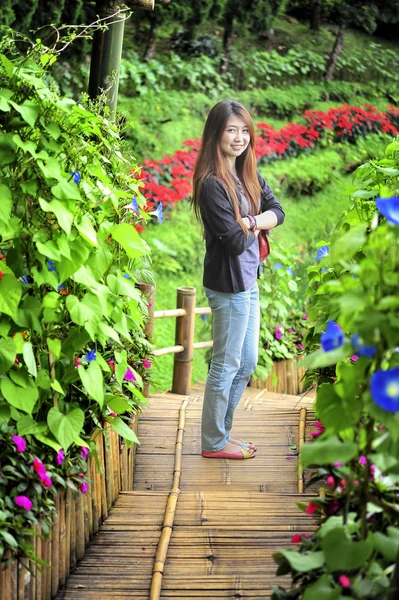 Portrait asia young woman happy and smile on doi tung garden, dh — Stockfoto