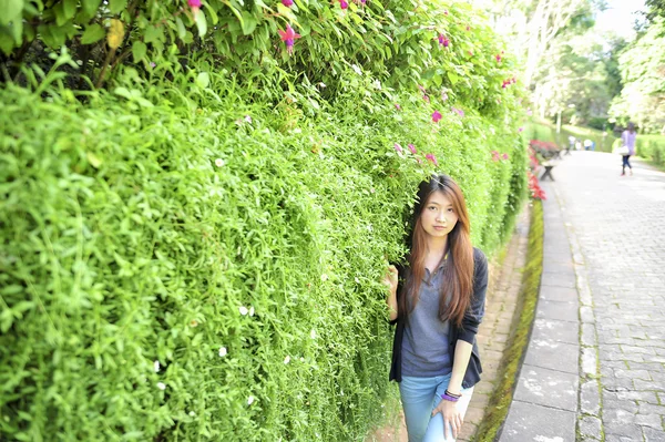 Retrato asia joven mujer feliz y sonrisa en Doi tung jardín, Dh —  Fotos de Stock