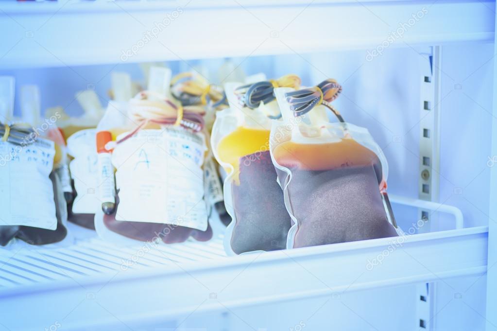 blood pouch in refrigerator at blood bank
