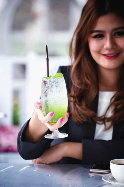 asia business woman with fruit drink, food for health concept