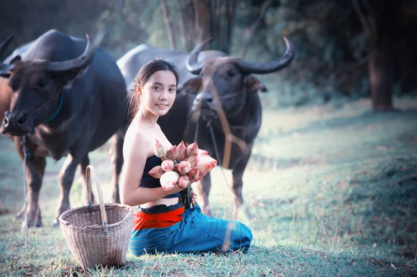 Thai anciennes jeunes femmes avec buffle sur rural — Photo