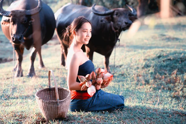 Tailandesas ancianas con búfalo en el campo — Foto de Stock