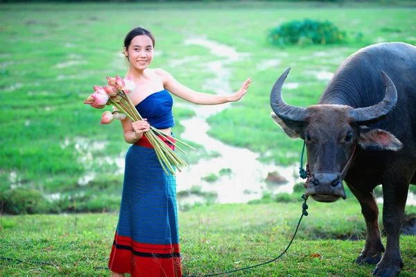 Tailandesas ancianas con búfalo en el campo — Foto de Stock