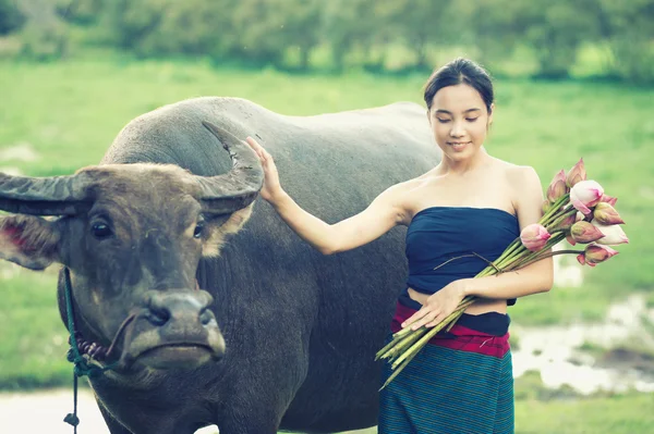 Thajské starověké mladé ženy s buffalo na venkově — Stock fotografie