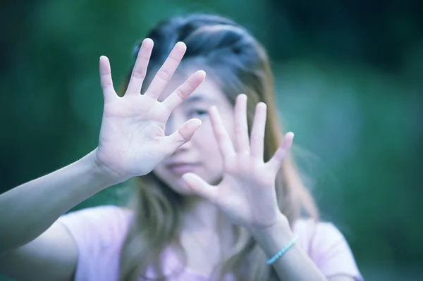 Asian women showing stop hand gesture,  focus hand — Stock Photo, Image