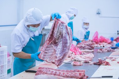 cutting meat slaughterhouse workers in the factory clipart