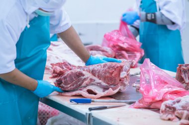 kesim et Mezbahada çalışan işçiler fabrikada