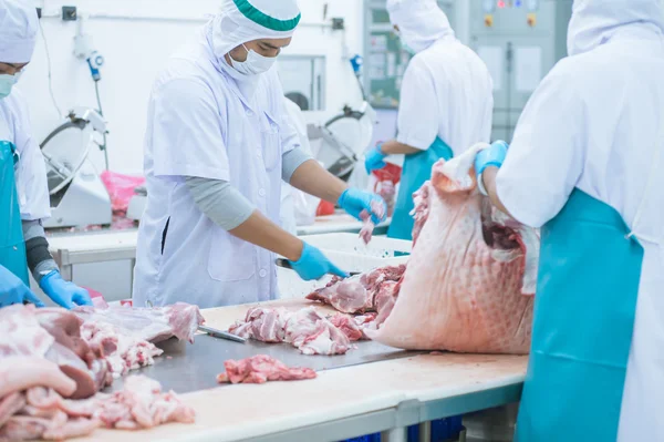 Corte de trabalhadores de matadouros de carne na fábrica — Fotografia de Stock