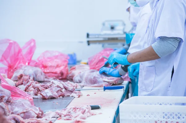 Corte de trabalhadores de matadouros de carne na fábrica — Fotografia de Stock