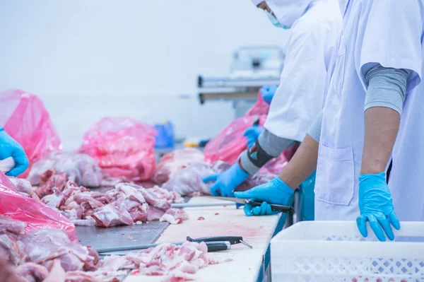 Corte de trabalhadores de matadouros de carne na fábrica — Fotografia de Stock