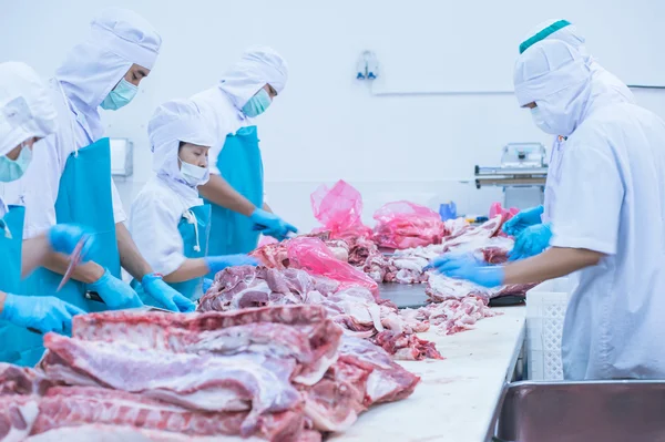 Corte de trabalhadores de matadouros de carne na fábrica — Fotografia de Stock