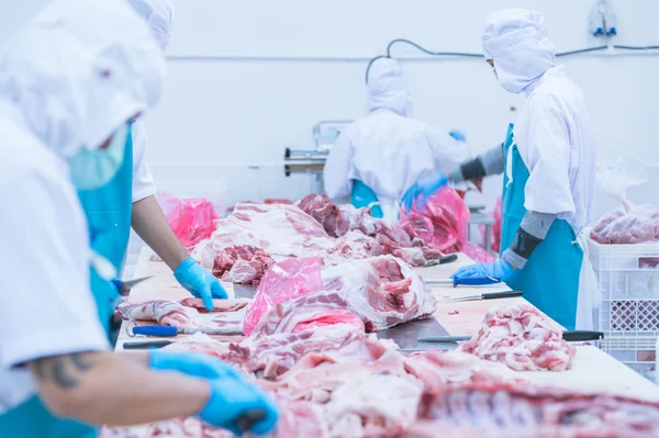 Corte de trabalhadores de matadouros de carne na fábrica — Fotografia de Stock