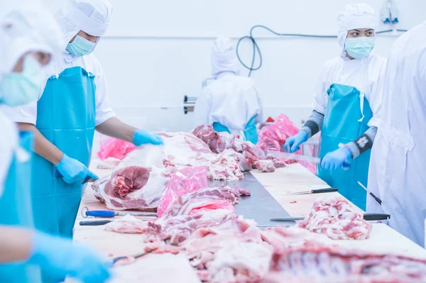 Tagliare i lavoratori dei macelli di carne in fabbrica — Foto Stock