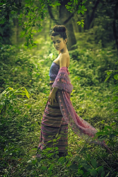 Femme asiatique portant la série Thai Lanna, culture d'identité de Thail — Photo