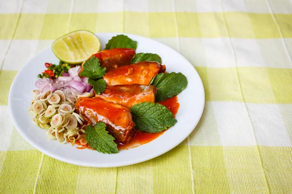 Spicy Sardines in tomato sauce canned fish. — Stock Photo, Image