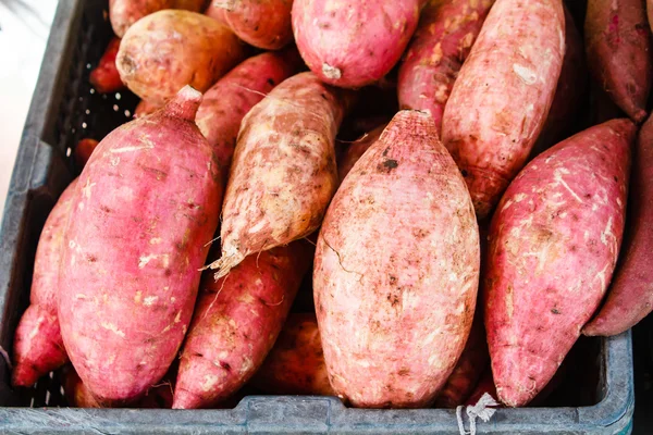 Batatas crudas, batatas en el mercado . — Foto de Stock