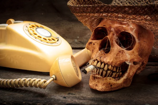 Skull with cigarette, still life. — Stock Photo, Image