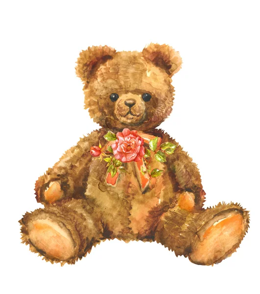 Urso de pelúcia e flores — Fotografia de Stock