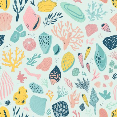 vektör el kabukları ve mercan ile çizilmiş seamless modeli